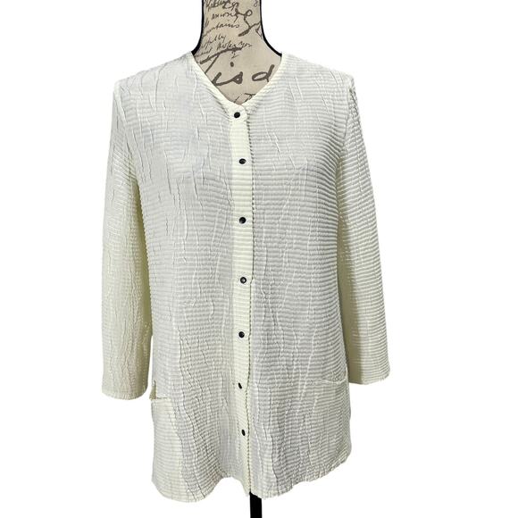 Y2K Babette White Crinkle Artsy Snap Button Square Pocket Shirt Jacket - Small - Picture 1 of 8